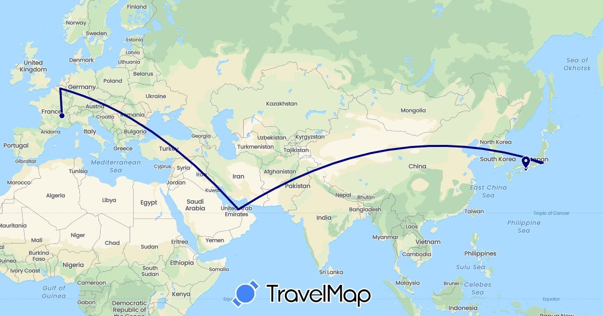 TravelMap itinerary: driving in United Arab Emirates, Belgium, France, Japan (Asia, Europe)
